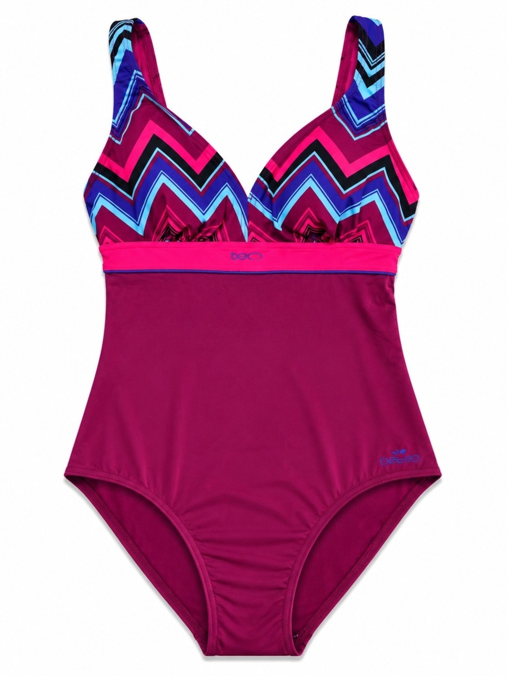 Magenta One-Piece Swimsuit with Colorful Chevron Bodice
